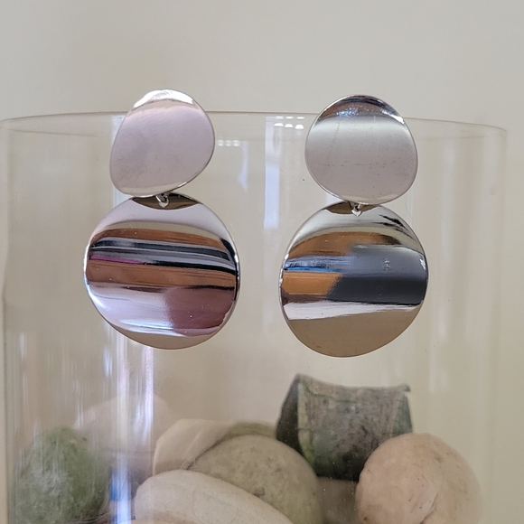 Double Circle Silver Drop Earrings NEW - Picture 7 of 11